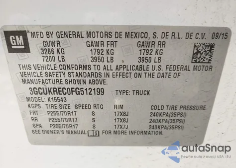 2015 Chevrolet Silverado 1500 1Lt z USA, uszkodzony, nr VIN 3GCUKREC0FG512199